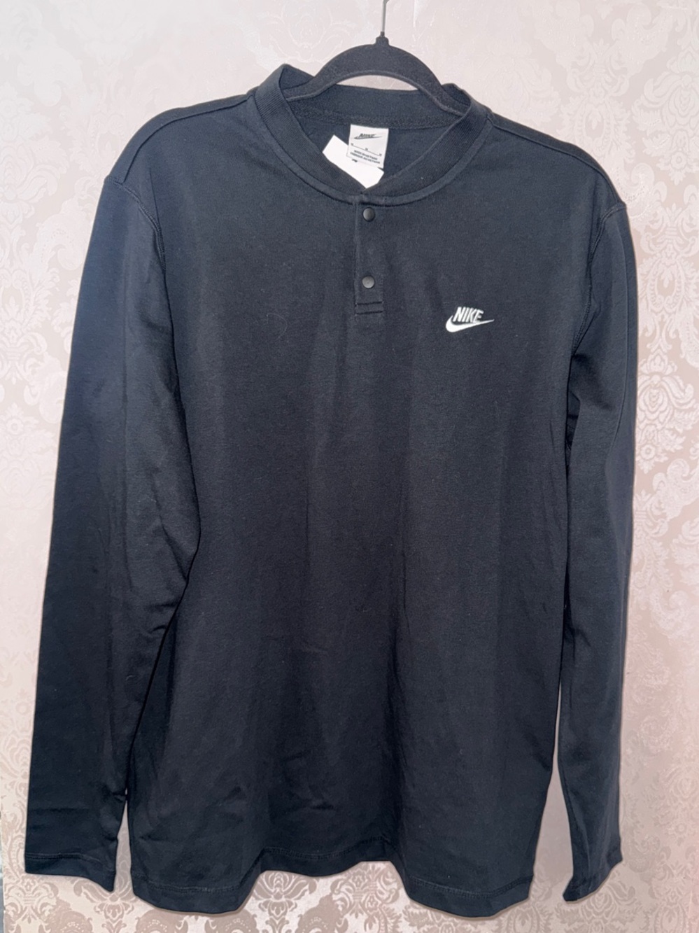 Nike Black Long-Sleeve Henley with White Swoosh